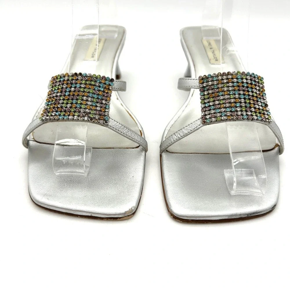 Lord & Taylor Palace Silver Rhinestone Kitten Heel Slide Sandals Size 9M